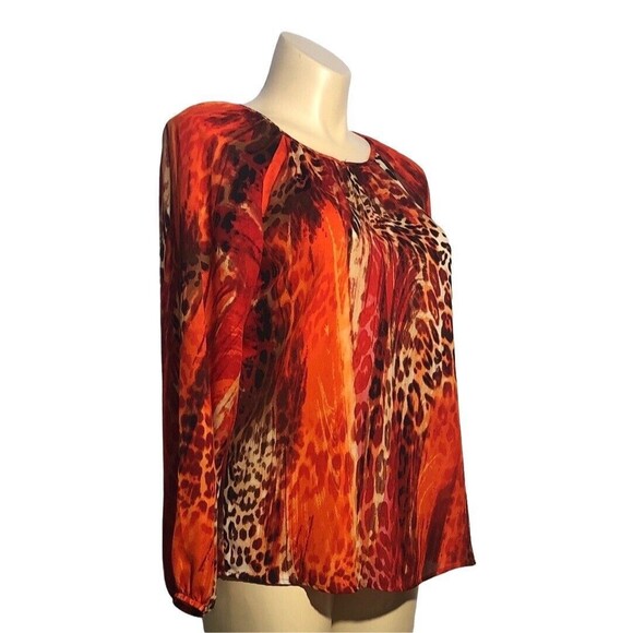 Zac Rachel Top LARGE Red Orange Brown Animal Print Long Sl Keyhole Cute - Picture 3 of 7